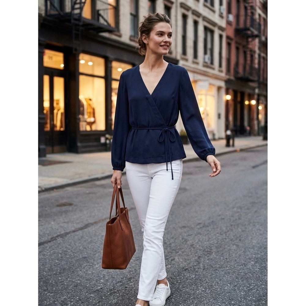 J.Crew Navy Blue Faux Wrap Tie Waist Crepe Blouse Top H2847 Womens 4
